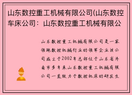 山东数控重工机械有限公司(山东数控车床公司：山东数控重工机械有限公司：领跑数控机械行业的领军企业)